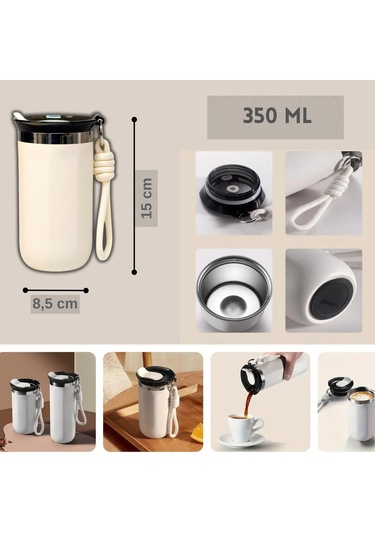 350 Ml Paslanmaz Çelik Bardak Termos, Çift Katmanlı, Sızdırmaz Kapaklı Krem