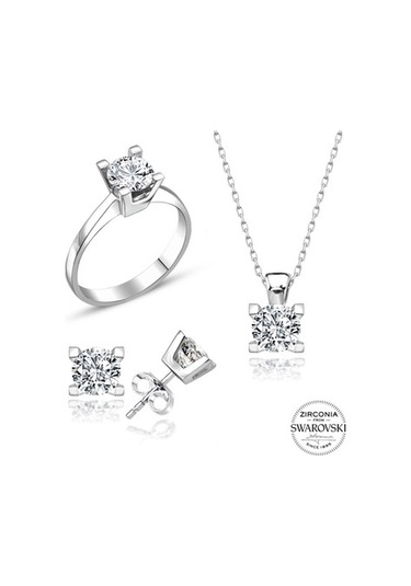 Sertifikalı Swarovski Taş Klasik Tek Taş 925 Gümüş Set Takım
