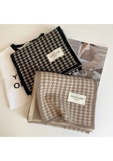 Kadın Sonbahar/kış Binlik Desenli Çift Yüz Eşarp: Kalın Yün-siyah Siyah