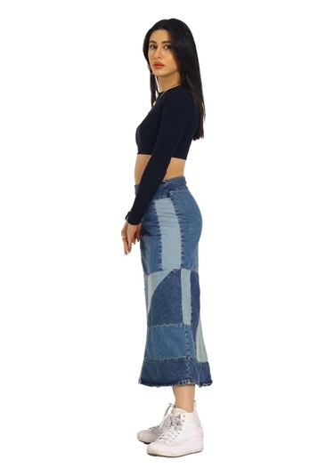 Vexor Mavi Patchwork Desenli Denim Kot Etek