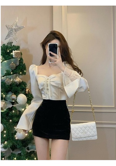 2023 Bahar Uzun Kollu Elbise Zarif Saten Bluz Kadın Ince Kare Boyun Y2k Giyim Kore Moda Rahat Gömlek Ofis Kadın Üstleri Bej