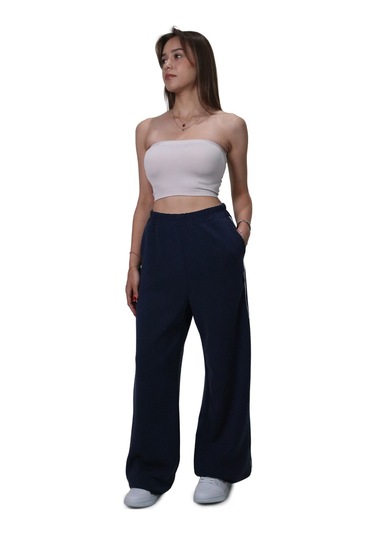 Kadın Modal Kumaş Kontrast Detaylı Lacivert Düz Kesim Pantolon Lacivert