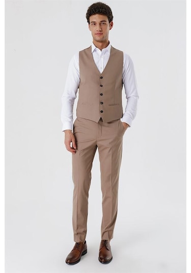 Koyu Bej V Yaka Klasik Yelek 1009230104-Koyu Bej
