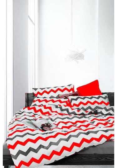 Doğal Pamuk Tek Kişilik Nevresim Takımı Zigzag Kırmızı