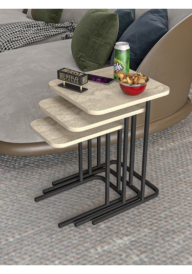 Zigon Sehpa Metal Ayak 3'lü Koltuk Yan Sehpa Zino Traverten Çok Renkli