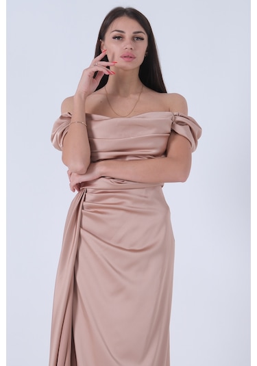 Feminist Bej Drape Detaylı Saten Kumaş Abiye Elbise 9704858.55