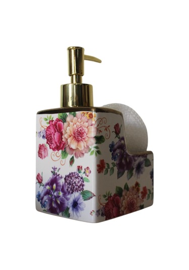 Porselen 500ml Sıvı Sabunluk Süngerlik Bölmeli Çiçekli
