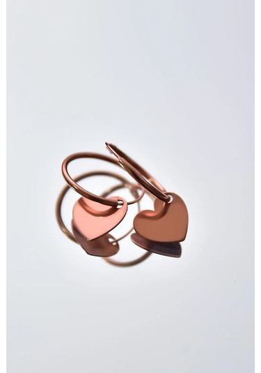 925 Ayar Gümüş Rose Kaplama Plaka Kalp Figürlü Halka Küpe