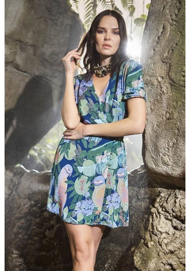 Monamise Kadın Petrol Mavisi Kruvaze Yaka Mini Elbise 21007 Mavi