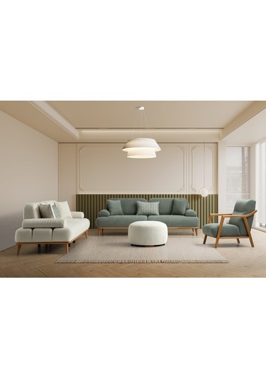 Tera Ahşap Ayaklı Beyaz 3 Lü Kanepe Beyaz