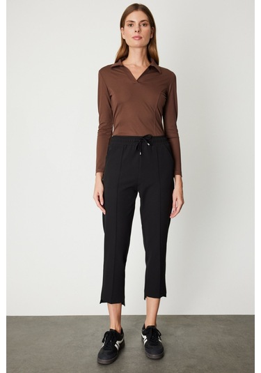 On Kadın Önü Çimalı Dar Paça Eşofman Altı 64138 Siyah Siyah