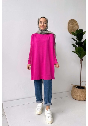 Kol Detay Merserize Tunik - Fuşya