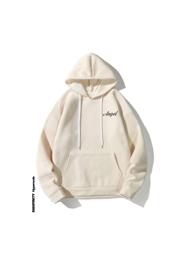 Unisex Bej Sırt Angel Baskı Kapüşonlu Sweatshirt 001