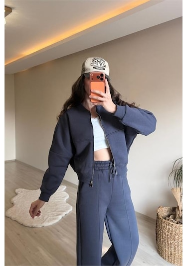 Neşeli Butik Kadın Oversize 3 İplik Cepli Eşofman Takımı Nm029 Antrasit