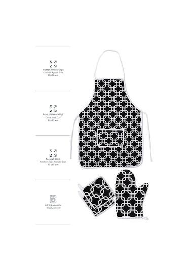 4 Lü Mutfak Çeyiz Seti Mutfak Önlüğü , Fırın Eldiveni Ve Tutacak Takımısiyah Zincir