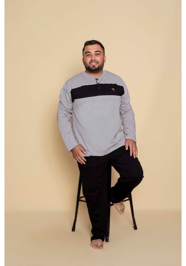 Erkek Büyük Battal Beden Desenli 3 Düğmeli %100 Pamuk Mevsimlik Uzun Kol Cepli Pijama Takımı Taş