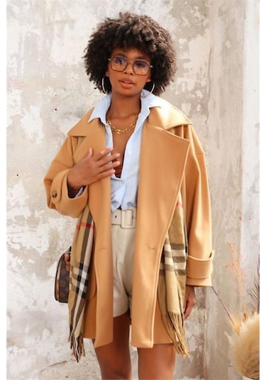 Dip Moda Kadın Camel Kolu Kemerli Kaşe Kaban Dpnbasp6767 Camel