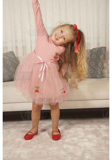 Tüllü Astarlı Esnek Kirazlı Elbise Uzun-gülkurusu Gülkurusu