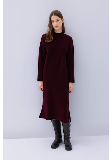 DeFacto Relax Fit Yarım Balıkçı Yaka Midi Triko Bordo Elbise D8596AX24WNBR467