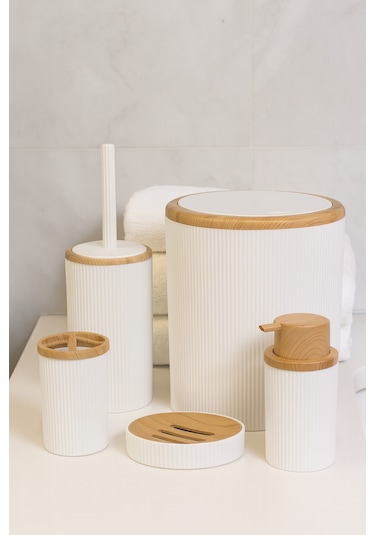 Makri Home Banyo Seti 5'li, Beyaz, Ahşap Desenli, Yuvarlak