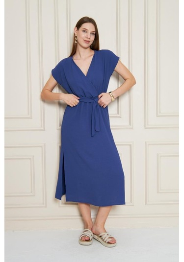 Kadın Kruvaze Yaka Cepli Derin Yırtmaçlı Beli Lastikli Aerobin Günlük Yazlık Elbise 3764341 İndigo