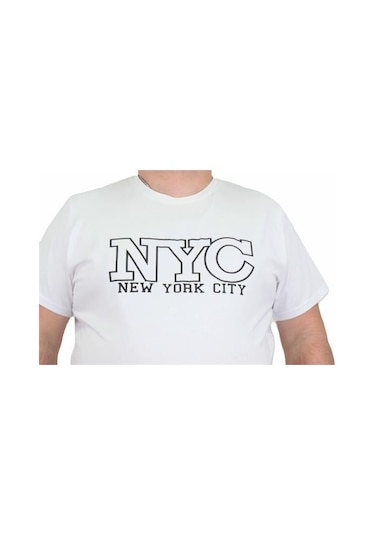 Starbattal Erkek Büyük Beden Sıfır Yaka Tişört Nyc 24133 Beyaz-Beyaz