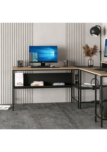 Minarmobilya Minar Greta L Köşe Çalışma Masası - Dore/Siyah Ceviz