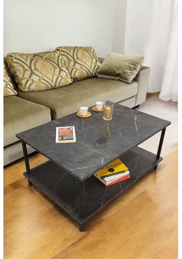 Dikdörgen Orta Sehpa Ahşap Ayaklı Sehpa Iki Raflı Sehpa Dekoratif Sehpa Gazetelikli-mermer-90x60 Mermer