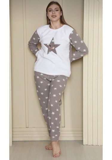 Fames Pijama Büyük Beden Polar Pijama Takım Gri-beyaz