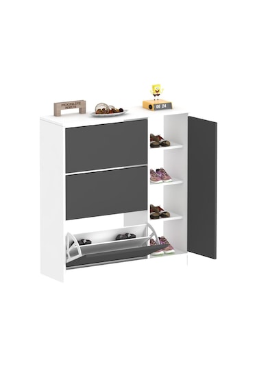 Milano 3 Kapaklı Kayar Raflı Dolaplı Ayakkabılık Antrasit Gri Antrasit - Beyaz