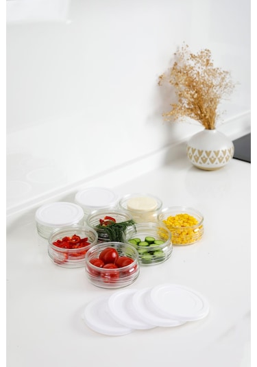8'li Premium Kahvaltılık Seti 410 Cc Beyaz Plastik Kapaklı, Cam Saklama Kabı, Hava Geçirmez Beyaz