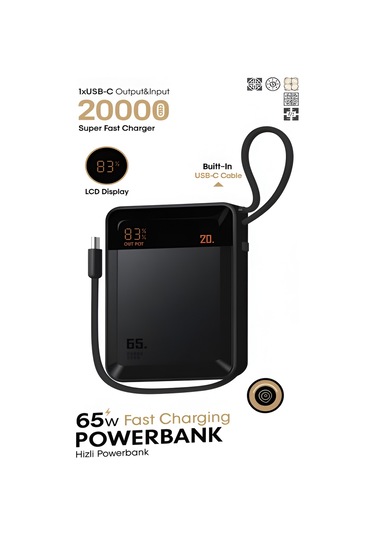 20000mah 65w Hızlı Şarj Dijital Göstergeli Type-c Kablolu/girişli Askılı Powerbank - Siyah siyah