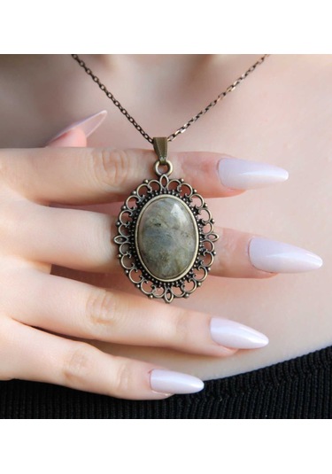 Doğal Taş Labradorit Doğal Taşlı Otantik Kadın Kolye 45 Cm Zincirli Euk13lbt Gri