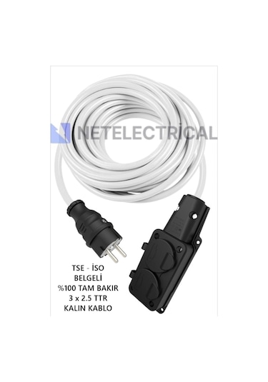 Kauçuk 2'li 90 Metre Topraklı Grup Priz - 3x2.5 Ttr Tam Bakır Kalın Beyaz Kablo 90 Metre