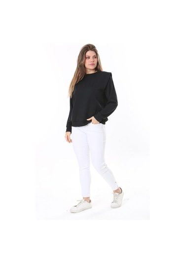 Kadın Büyük Beden Siyah Omuz Detaylı Ön Baskılı Sweatshirt 65n38050-siyah Siyah