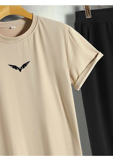 Kanat Vizon T-shirt Siyah Eşofman Altı Jogger - Baskılı Alt Üst Takım Oversize Bisiklet Yaka Vizon Siyah