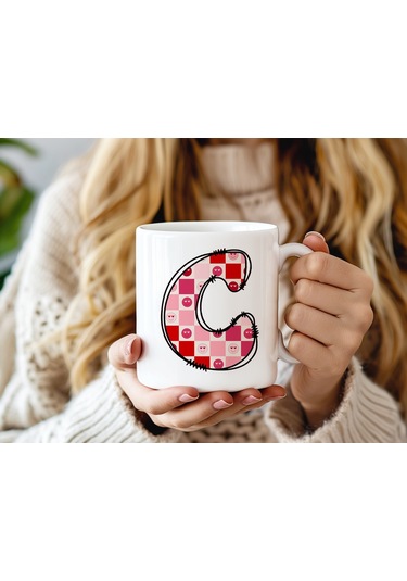 C Harfi Pembe Kareli Kalpli Göz Emojili Kupa Bardak Eğlenceli Kareli Tasarım Kahve Çay Kupası 07 Beyaz