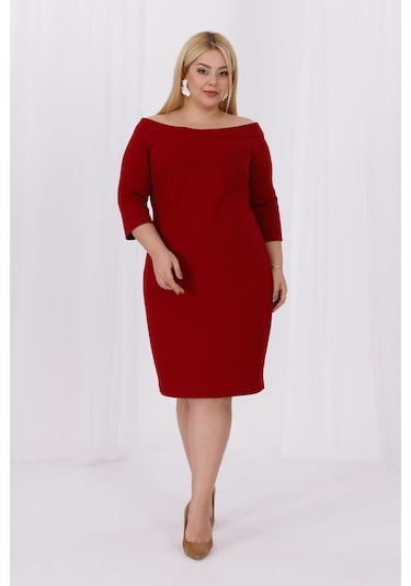 Kadın Bordo Carmen Yaka Truvakar Kol Büyük Beden Esnek Krep Elbise Bordo