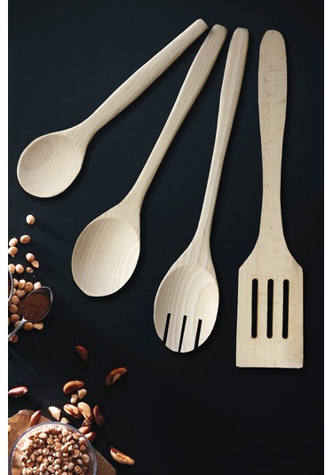 Standlı Ahşap Tahta Kaşık Servis Sunum Ahşap Doğal Ağaç 5 Parça