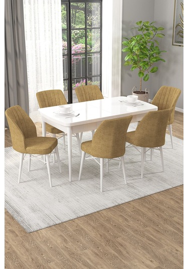 Arel Beyaz 80x132 Açılabilir Mdf Masa Yemek Odası Takımı, Mutfak Takımı 6 Adet Sandalye Beyaz Masa - 6 Cappuccino - Beyaz Ayak