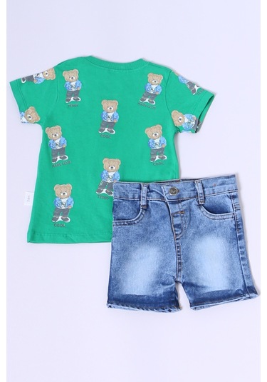 Erkek Bebek Şortlu Takım Kot Şortlu Çıtçıt Detaylı Baskılı B26 Yeşil