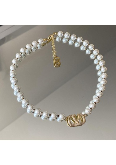 V Taşlı Çelik İnci Kolye Çok renkli