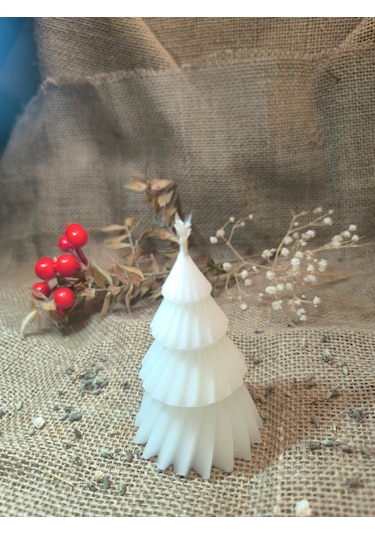 Çam Ağacı Desenli Yılbaşı Konseptli Dekoratif Mum, Tek Renk Beyaz