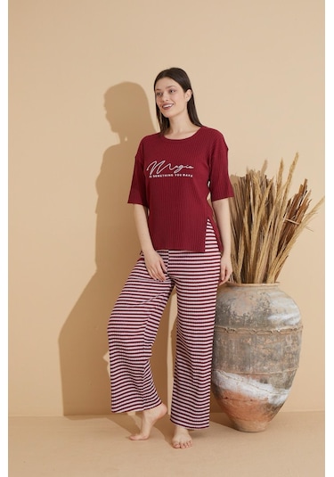 Lukitus Kısa Kollu İnce Triko Desenli Kadın Pijama Takımı Bordo