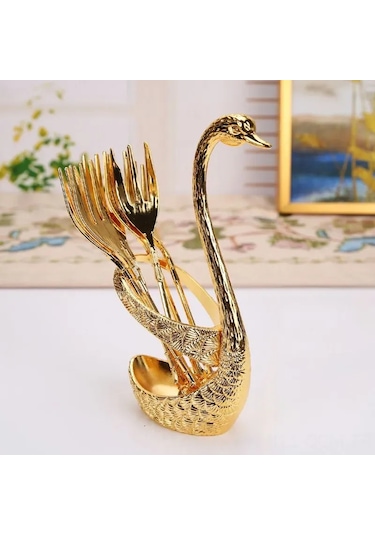 Qingmipy Eşsiz Kuzgun Desenli Paslanmaz Çelik Beste Takımı - Altı Kahve Kaşıği Ve Çatal İle Zirve Levha, Lüks Altın Finish, Hediye Kutusu Içerisinde Altın