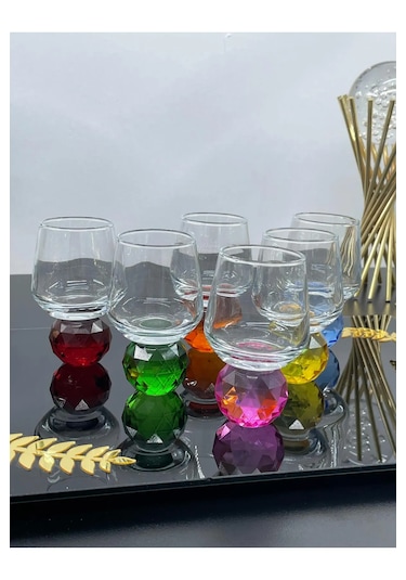 6 Kişilik Cam Renkli Elmas Ayaklı Kahve Yanı Bardağı Bardak 50ml