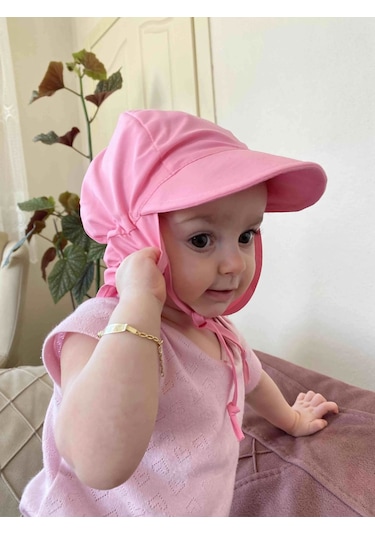 Yorni Flap Ense Korumalı Boyundan Bağlamalı Bebek Güneş Şapka Pembe