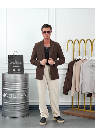 Modefendi Özel Seri %100 Gofre Kumaş İtalyan Kesim Modern Fit Ceket Kahverengi