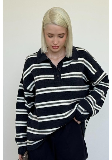 Lacivert Polo Yaka Çizgili Kadın Triko Kazak Mg2469 Lacivert