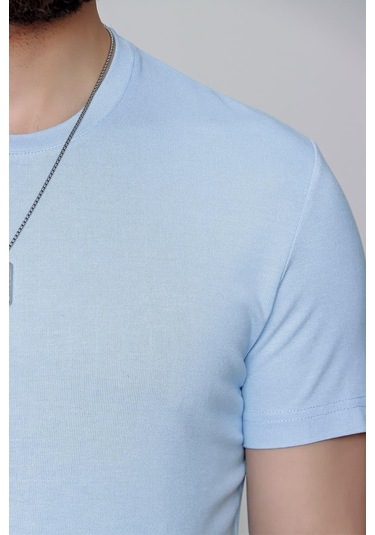 Slim Fit Bisiklet Yaka Düz Pamuklu Mavi Tişört Ts 823 Mavi